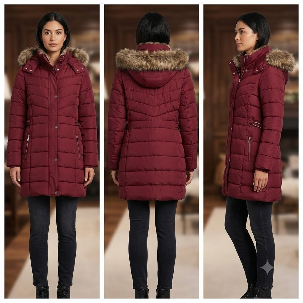 Maurices Longline Puffer Jacket Womens 1X Maroon Winter Warm Faux Fur Hooded
